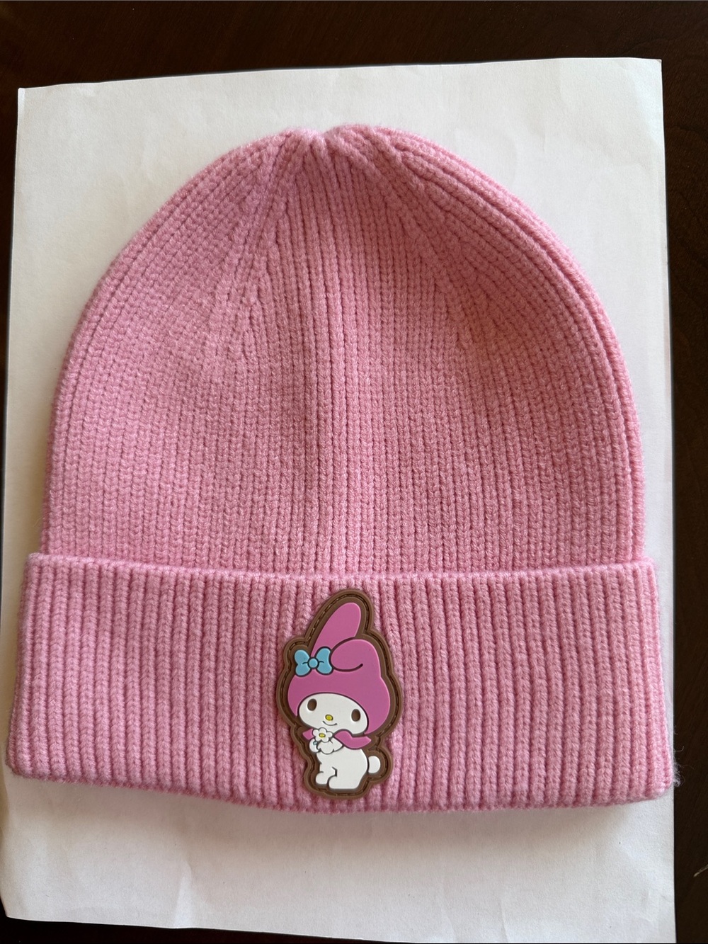 NWOT Sanrio My Melody Light Pink Knit Beanie with Rubbery Center Patch